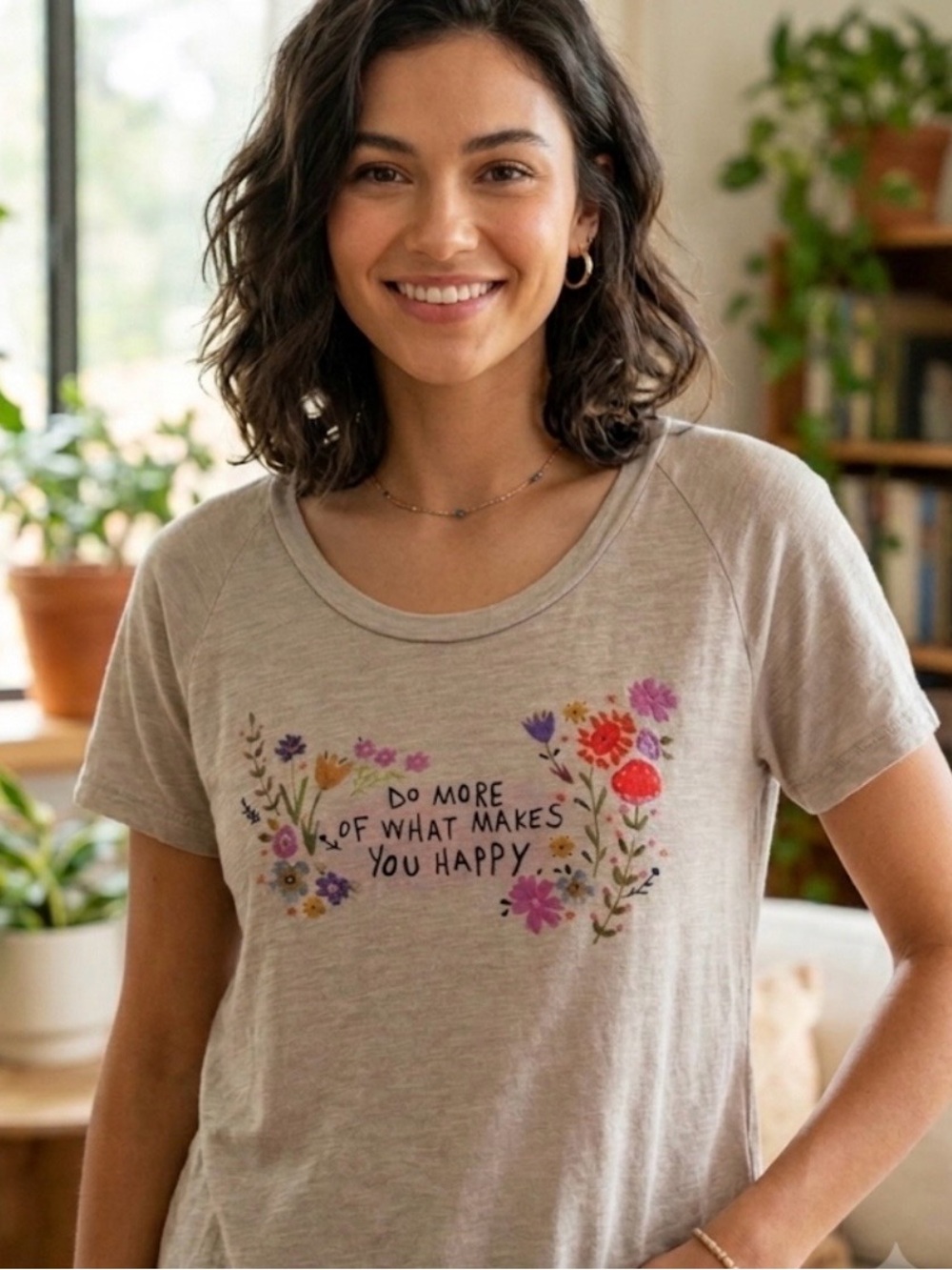 NATURAL LIFE Neutral Scoop Neck Tee with Colorful Floral Graphic